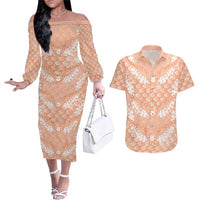 Apricot Mermaid Puakenikeni Maile Lei Couples Matching Off The Shoulder Long Sleeve Dress and Hawaiian Shirt
