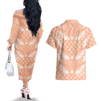 Apricot Mermaid Puakenikeni Maile Lei Couples Matching Off The Shoulder Long Sleeve Dress and Hawaiian Shirt