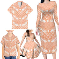 Apricot Mermaid Puakenikeni Maile Lei Family Matching Long Sleeve Bodycon Dress and Hawaiian Shirt