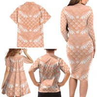 Apricot Mermaid Puakenikeni Maile Lei Family Matching Long Sleeve Bodycon Dress and Hawaiian Shirt