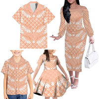 Apricot Mermaid Puakenikeni Maile Lei Family Matching Off The Shoulder Long Sleeve Dress and Hawaiian Shirt