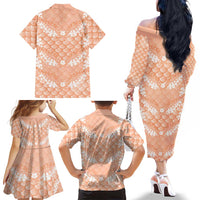 Apricot Mermaid Puakenikeni Maile Lei Family Matching Off The Shoulder Long Sleeve Dress and Hawaiian Shirt