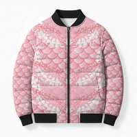 Soft Pink Mermaid Puakenikeni Maile Lei Bomber Puffer Jacket