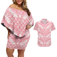 Soft Pink Mermaid Puakenikeni Maile Lei Couples Matching Off Shoulder Short Dress and Hawaiian Shirt