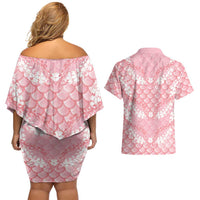 Soft Pink Mermaid Puakenikeni Maile Lei Couples Matching Off Shoulder Short Dress and Hawaiian Shirt