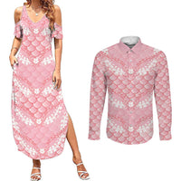 Soft Pink Mermaid Puakenikeni Maile Lei Couples Matching Summer Maxi Dress and Long Sleeve Button Shirt