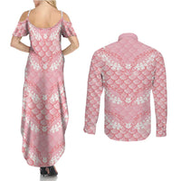Soft Pink Mermaid Puakenikeni Maile Lei Couples Matching Summer Maxi Dress and Long Sleeve Button Shirt