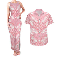 Soft Pink Mermaid Puakenikeni Maile Lei Couples Matching Tank Maxi Dress and Hawaiian Shirt