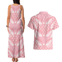 Soft Pink Mermaid Puakenikeni Maile Lei Couples Matching Tank Maxi Dress and Hawaiian Shirt