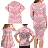 Soft Pink Mermaid Puakenikeni Maile Lei Family Matching Long Sleeve Bodycon Dress and Hawaiian Shirt