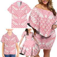 Soft Pink Mermaid Puakenikeni Maile Lei Family Matching Off Shoulder Short Dress and Hawaiian Shirt