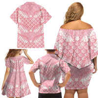 Soft Pink Mermaid Puakenikeni Maile Lei Family Matching Off Shoulder Short Dress and Hawaiian Shirt