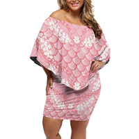 Soft Pink Mermaid Puakenikeni Maile Lei Family Matching Off Shoulder Short Dress and Hawaiian Shirt