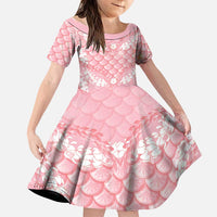 Soft Pink Mermaid Puakenikeni Maile Lei Family Matching Short Sleeve Bodycon Dress and Hawaiian Shirt