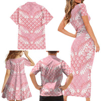 Soft Pink Mermaid Puakenikeni Maile Lei Family Matching Short Sleeve Bodycon Dress and Hawaiian Shirt