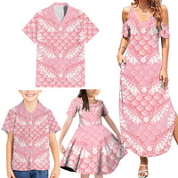 Soft Pink Mermaid Puakenikeni Maile Lei Family Matching Summer Maxi Dress and Hawaiian Shirt
