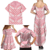 Soft Pink Mermaid Puakenikeni Maile Lei Family Matching Summer Maxi Dress and Hawaiian Shirt