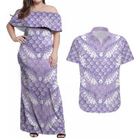 Lilac Mermaid Puakenikeni Maile Lei Couples Matching Off Shoulder Maxi Dress and Hawaiian Shirt