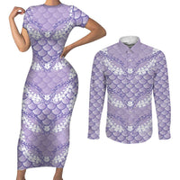 Lilac Mermaid Puakenikeni Maile Lei Couples Matching Short Sleeve Bodycon Dress and Long Sleeve Button Shirt