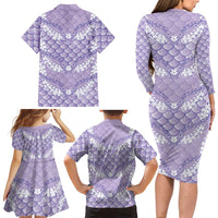 Lilac Mermaid Puakenikeni Maile Lei Family Matching Long Sleeve Bodycon Dress and Hawaiian Shirt
