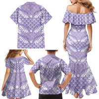 Lilac Mermaid Puakenikeni Maile Lei Family Matching Mermaid Dress and Hawaiian Shirt