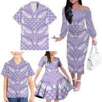 Lilac Mermaid Puakenikeni Maile Lei Family Matching Off The Shoulder Long Sleeve Dress and Hawaiian Shirt