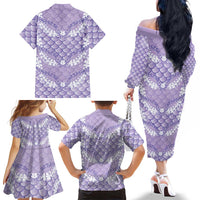 Lilac Mermaid Puakenikeni Maile Lei Family Matching Off The Shoulder Long Sleeve Dress and Hawaiian Shirt