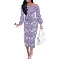 Lilac Mermaid Puakenikeni Maile Lei Family Matching Off The Shoulder Long Sleeve Dress and Hawaiian Shirt