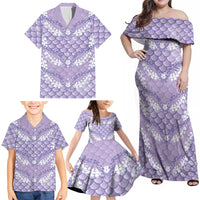Lilac Mermaid Puakenikeni Maile Lei Family Matching Off Shoulder Maxi Dress and Hawaiian Shirt