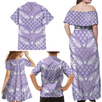 Lilac Mermaid Puakenikeni Maile Lei Family Matching Off Shoulder Maxi Dress and Hawaiian Shirt