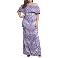 Lilac Mermaid Puakenikeni Maile Lei Family Matching Off Shoulder Maxi Dress and Hawaiian Shirt