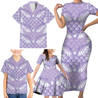 Lilac Mermaid Puakenikeni Maile Lei Family Matching Short Sleeve Bodycon Dress and Hawaiian Shirt