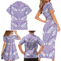 Lilac Mermaid Puakenikeni Maile Lei Family Matching Short Sleeve Bodycon Dress and Hawaiian Shirt