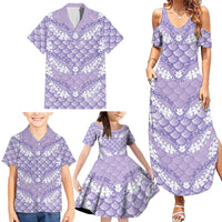 Lilac Mermaid Puakenikeni Maile Lei Family Matching Summer Maxi Dress and Hawaiian Shirt