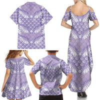Lilac Mermaid Puakenikeni Maile Lei Family Matching Summer Maxi Dress and Hawaiian Shirt
