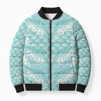Light Turquoise Mermaid Puakenikeni Maile Lei Bomber Puffer Jacket