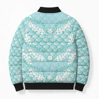 Light Turquoise Mermaid Puakenikeni Maile Lei Bomber Puffer Jacket
