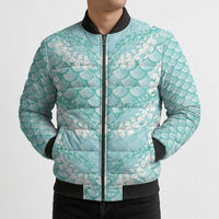 Light Turquoise Mermaid Puakenikeni Maile Lei Bomber Puffer Jacket