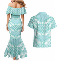 Light Turquoise Mermaid Puakenikeni Maile Lei Couples Matching Mermaid Dress and Hawaiian Shirt