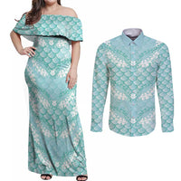 Light Turquoise Mermaid Puakenikeni Maile Lei Couples Matching Off Shoulder Maxi Dress and Long Sleeve Button Shirt