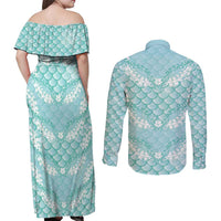 Light Turquoise Mermaid Puakenikeni Maile Lei Couples Matching Off Shoulder Maxi Dress and Long Sleeve Button Shirt