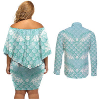 Light Turquoise Mermaid Puakenikeni Maile Lei Couples Matching Off Shoulder Short Dress and Long Sleeve Button Shirt