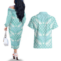 Light Turquoise Mermaid Puakenikeni Maile Lei Couples Matching Off The Shoulder Long Sleeve Dress and Hawaiian Shirt
