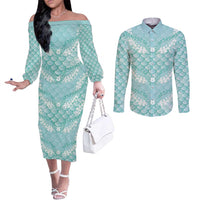Light Turquoise Mermaid Puakenikeni Maile Lei Couples Matching Off The Shoulder Long Sleeve Dress and Long Sleeve Button Shirt