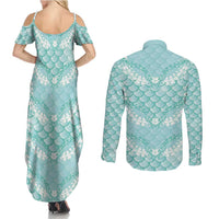 Light Turquoise Mermaid Puakenikeni Maile Lei Couples Matching Summer Maxi Dress and Long Sleeve Button Shirt