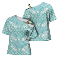 Light Turquoise Mermaid Puakenikeni Maile Lei Cross Shoulder Shirt