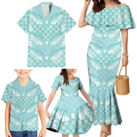 Light Turquoise Mermaid Puakenikeni Maile Lei Family Matching Mermaid Dress and Hawaiian Shirt