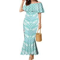 Light Turquoise Mermaid Puakenikeni Maile Lei Family Matching Mermaid Dress and Hawaiian Shirt
