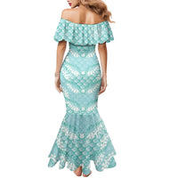 Light Turquoise Mermaid Puakenikeni Maile Lei Family Matching Mermaid Dress and Hawaiian Shirt