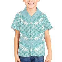 Light Turquoise Mermaid Puakenikeni Maile Lei Family Matching Mermaid Dress and Hawaiian Shirt